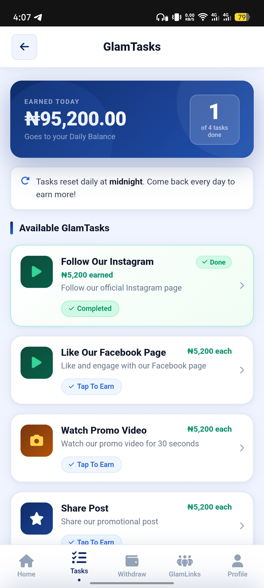 Glamour app dashboard